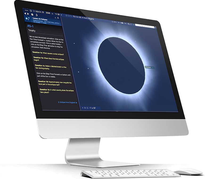 Apple iMac running Starry Night High School software showing a total eclipse simulation