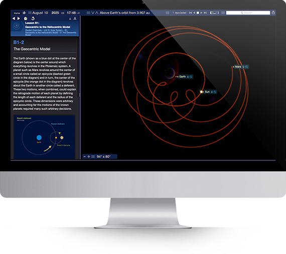 Apple iMac running Starry Night College Software showing a geocentric universe simulation