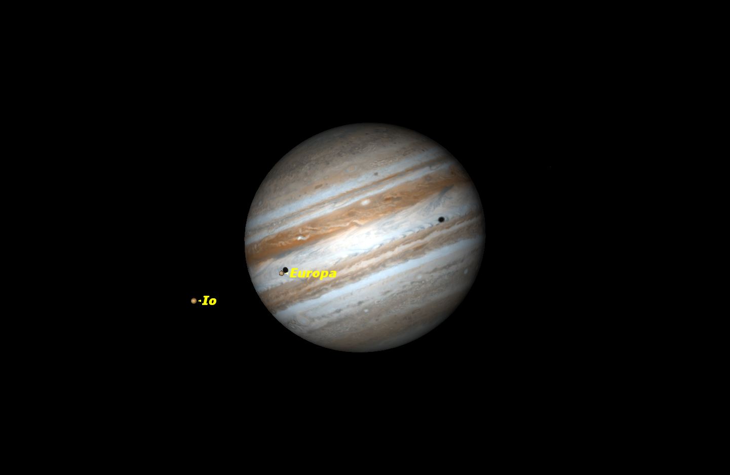 On the night of Monday, December 15, we will see another of the current series of double shadow crossings on Jupiter. The moons Io and Europa will cast their shadows on opposite limbs of the giant planet. Credit: Starry Night Software.
