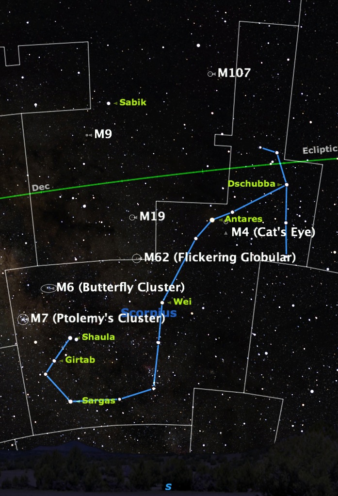 Look southward after twilight ends to see Scorpius, one of the few constellations which actually resembles its name. Credit: Starry Night software.