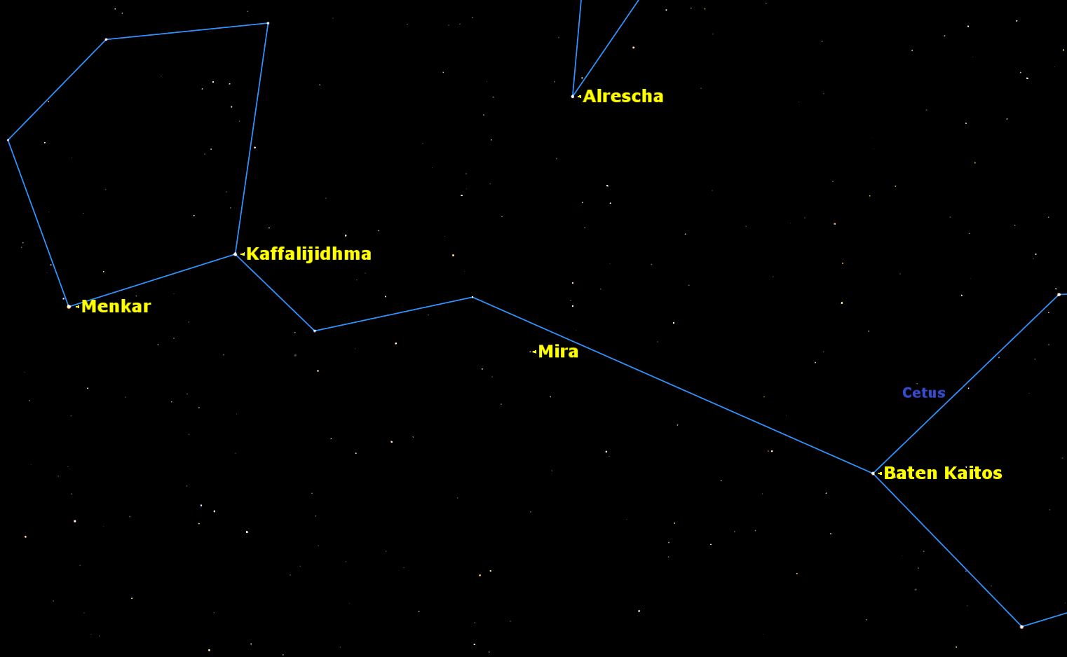 Mira, in the constellation Cetus, is the classic long period variable star, slowly pulsing and changing color over a period of nearly a year. Credit: Starry Night Software.