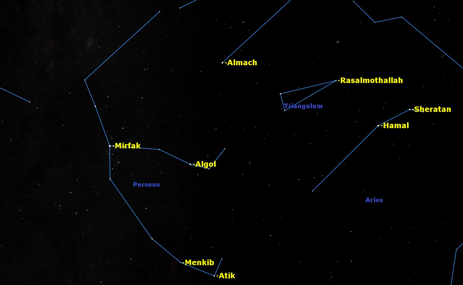 Algol, the second brightest star in Perseus, is an eclipsing variable: two stars orbiting each other and cutting off each other’s light. Credit: Starry Night Software.