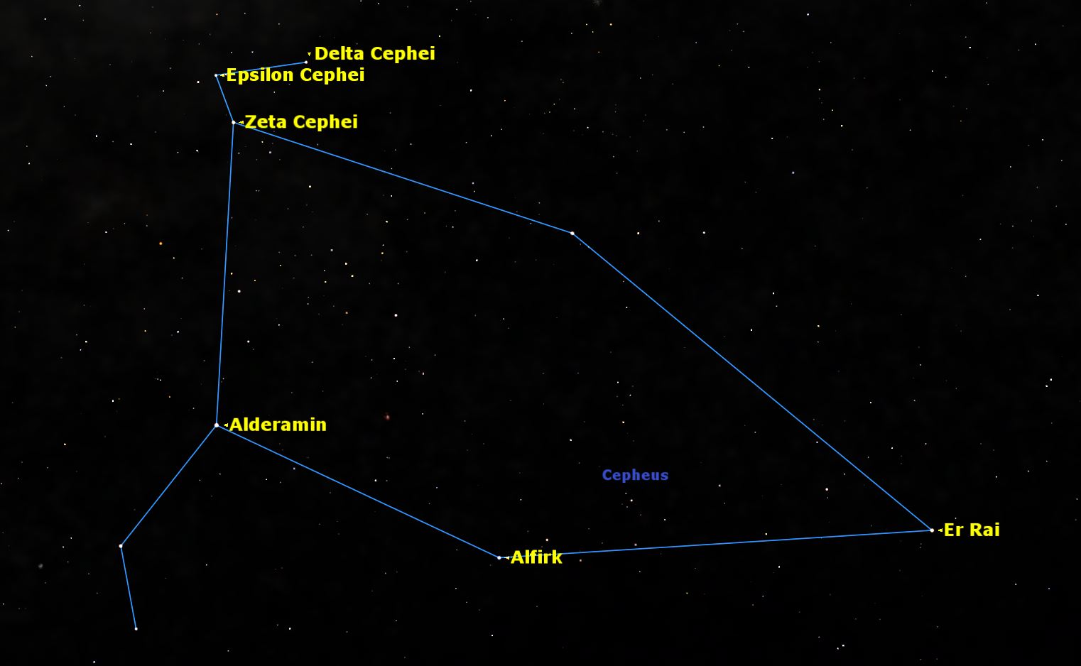 Delta Cephei gives its name to the Cepheid class of short period variable stars, used as a cosmic yardstick for measuring astronomical distances. Credit: Starry Night Software.