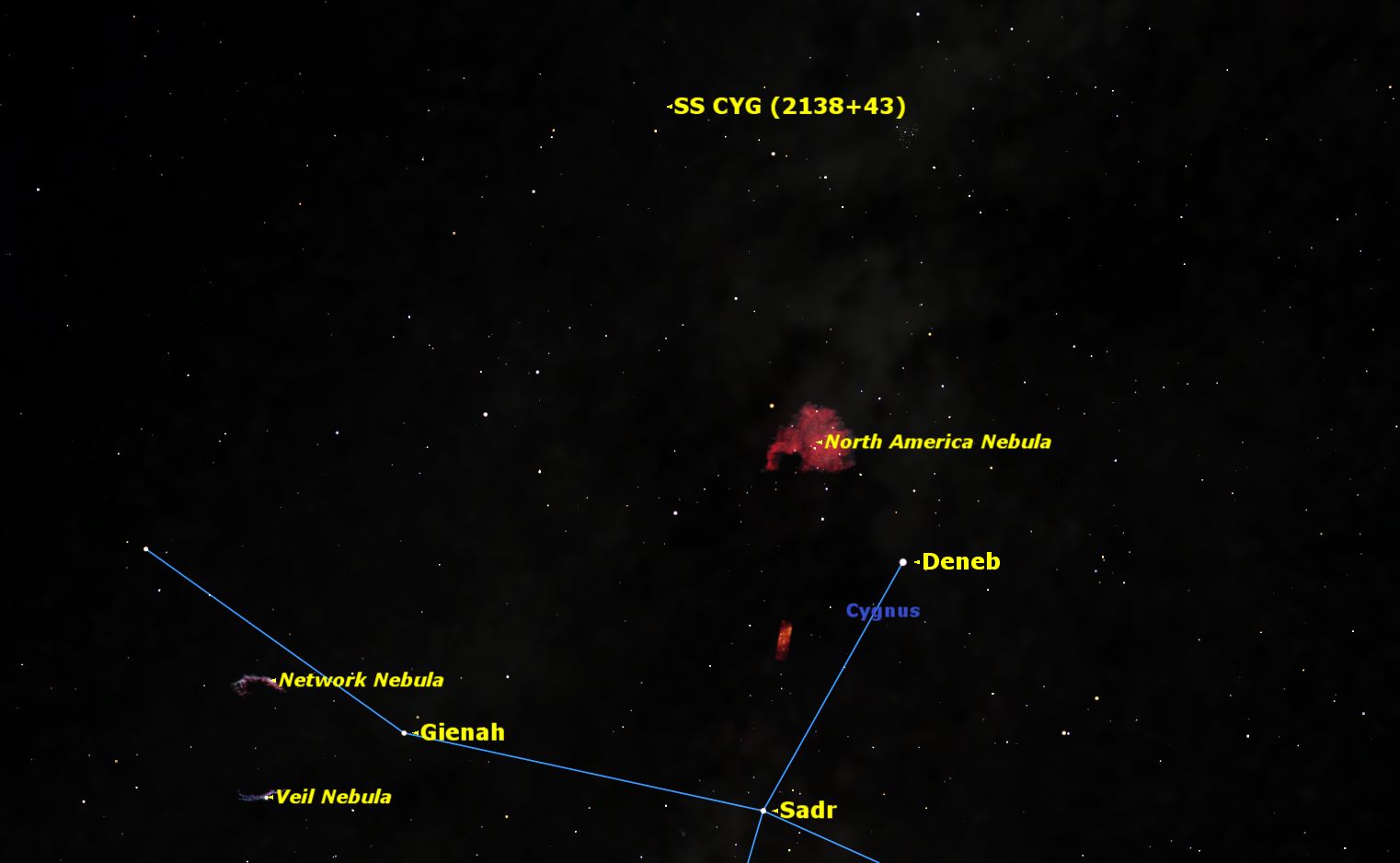 SS Cygni is a dwarf nova” in Cygnus, exploding violently and unpredictably every couple of months. Credit: Starry Night Software.