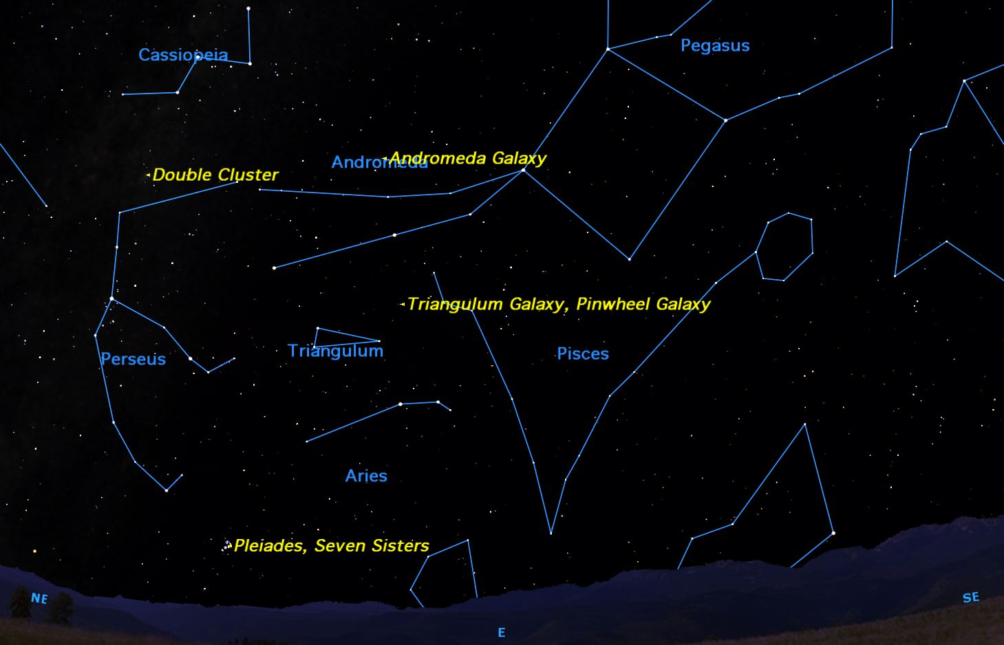 Use the autumn constellation patterns to locate the Andromeda Galaxy and other deep sky objects. Credit: Starry Night Software.