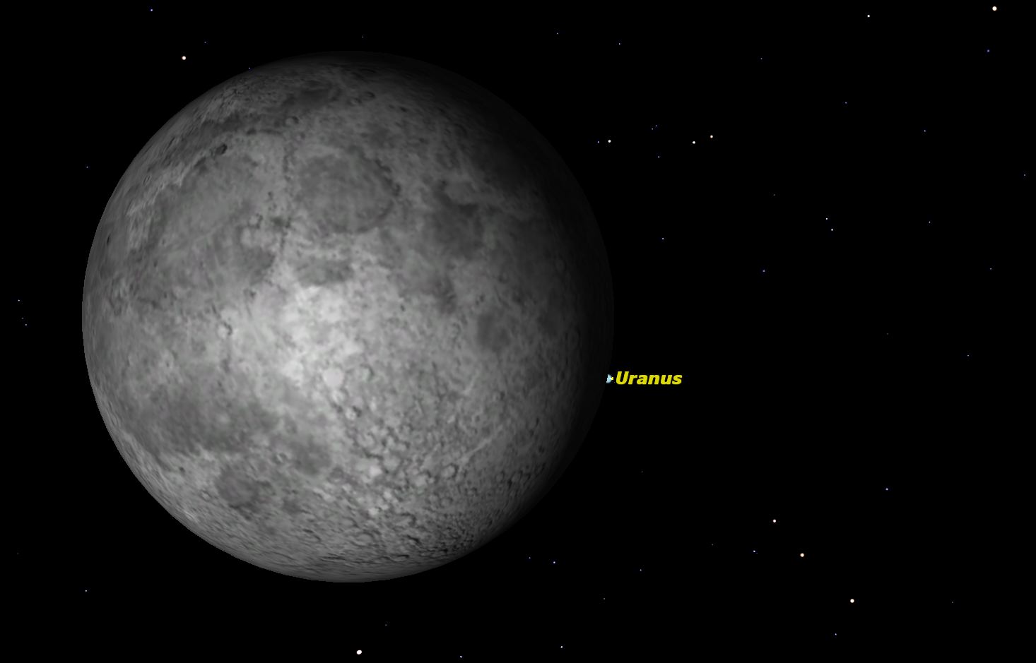 On Wednesday night Uranus plays peek-a-boo with the Moon for observers in the Northeast. Credit: Starry Night Software.